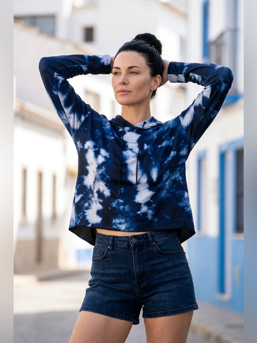 ULTRACOR Radon Lynx Tie Dye Pullover Crop Hoodie Blue White Black Size XS
